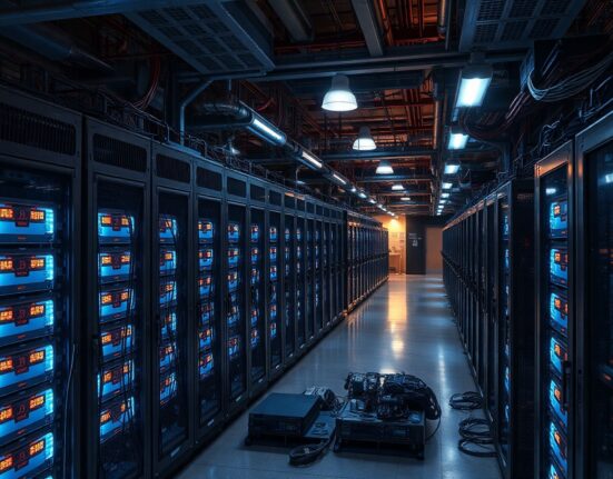 Bitcoin mining facility with rigs being repurposed for AI computing