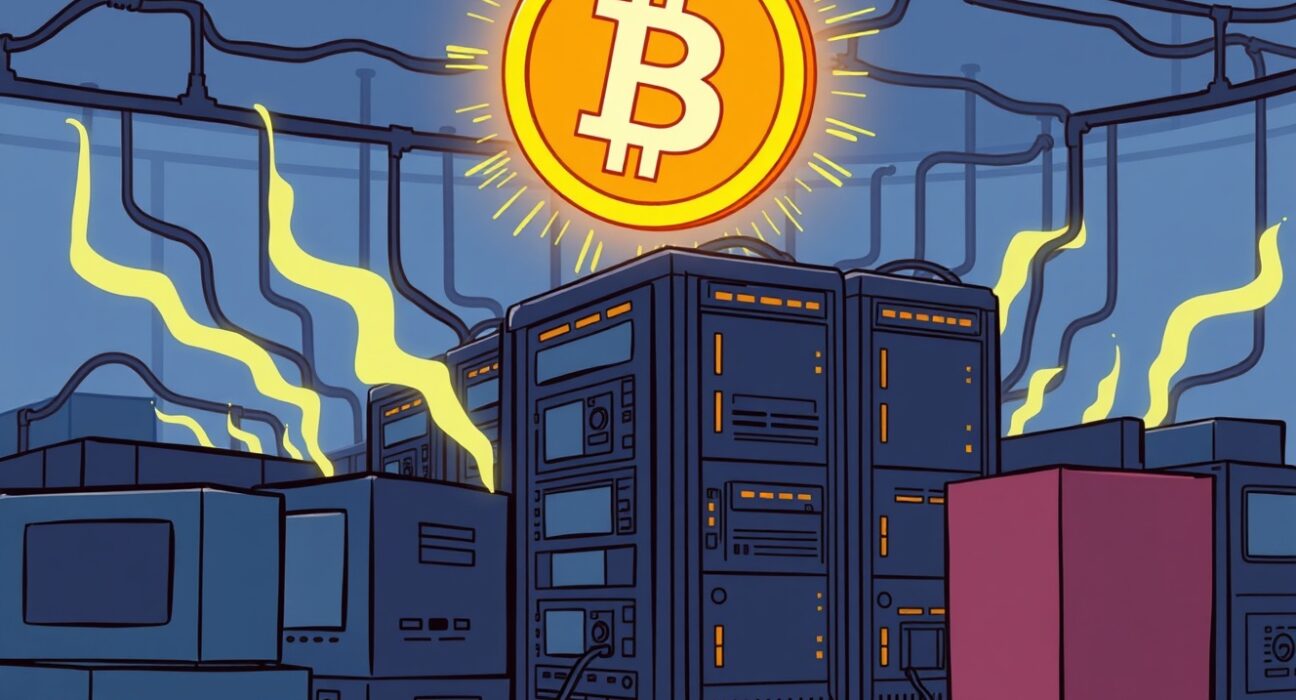 A cartoon illustration symbolizing the astonishing growth of Bitcoin hashrate, showcasing powerful mining activity.