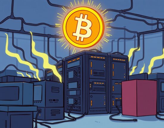 A cartoon illustration symbolizing the astonishing growth of Bitcoin hashrate, showcasing powerful mining activity.