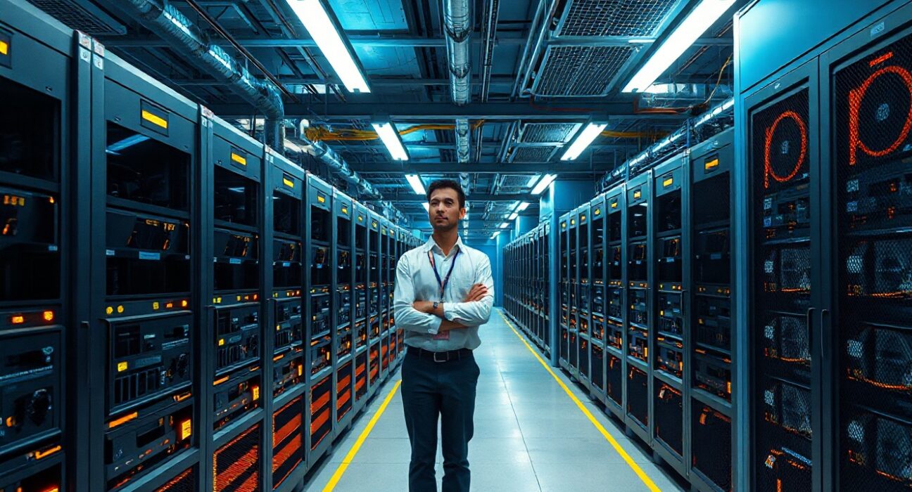 Technician inspecting Bitcoin mining rigs in a modern data center facility