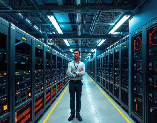 Technician inspecting Bitcoin mining rigs in a modern data center facility