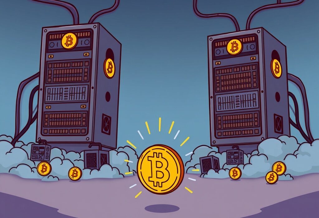 Illustration showing two large entities controlling a significant portion of the Bitcoin hashrate, raising concerns about network centralization.