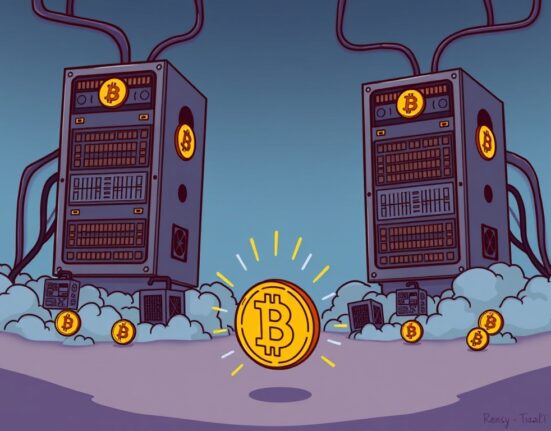 Illustration showing two large entities controlling a significant portion of the Bitcoin hashrate, raising concerns about network centralization.