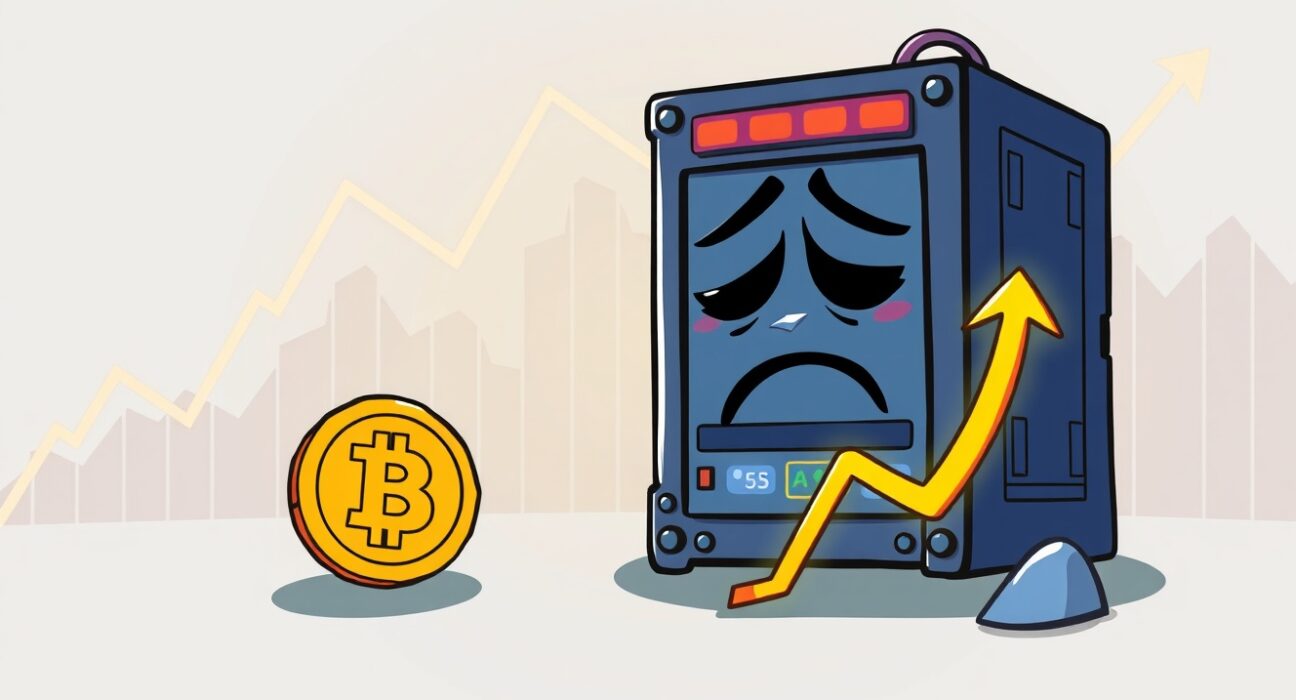 A hopeful cartoon showing a Bitcoin price rebound following a hashrate drop, with mining rigs reactivating.