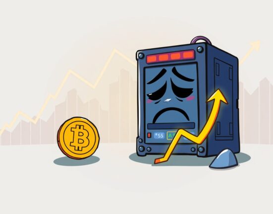 A hopeful cartoon showing a Bitcoin price rebound following a hashrate drop, with mining rigs reactivating.