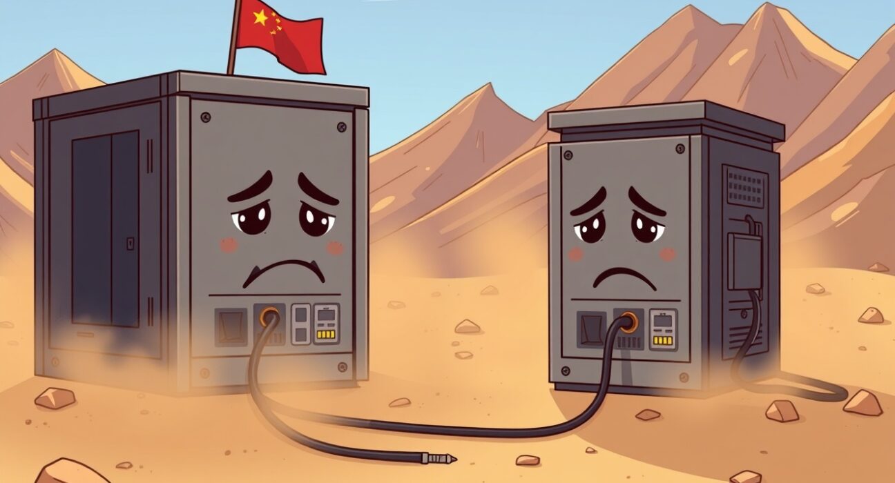 Cartoon illustration of Bitcoin hashrate dropping as mining rigs power down in Xinjiang.