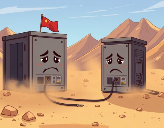 Cartoon illustration of Bitcoin hashrate dropping as mining rigs power down in Xinjiang.