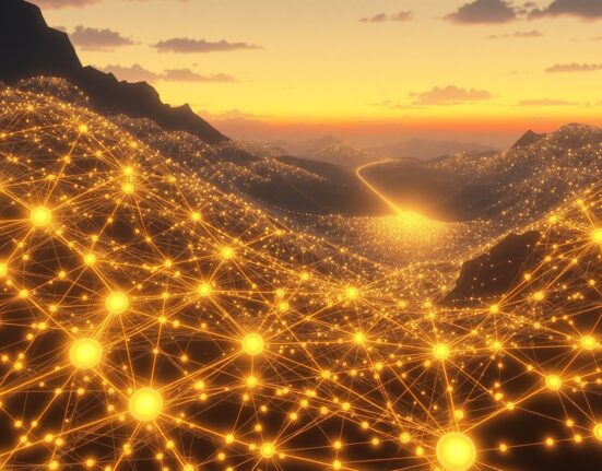 Illustration of the Bitcoin network's computational power declining as resources shift toward artificial intelligence.