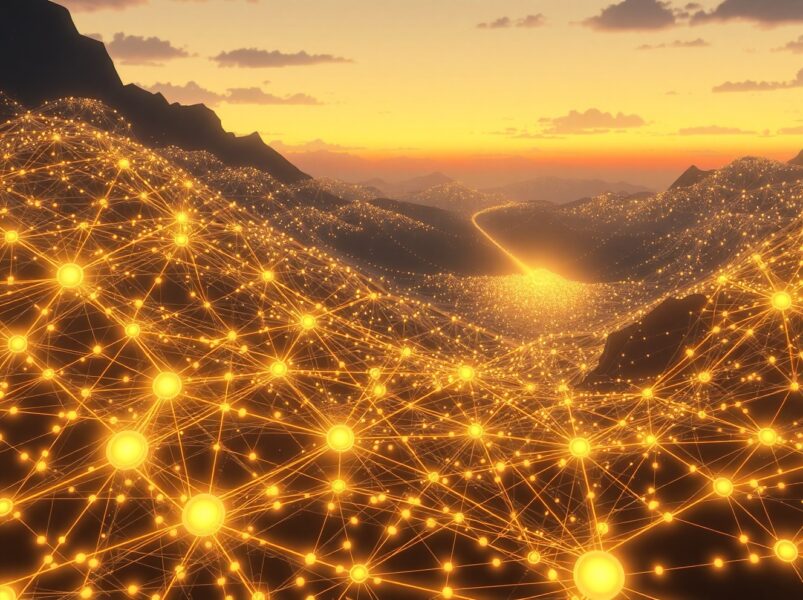 Illustration of the Bitcoin network's computational power declining as resources shift toward artificial intelligence.