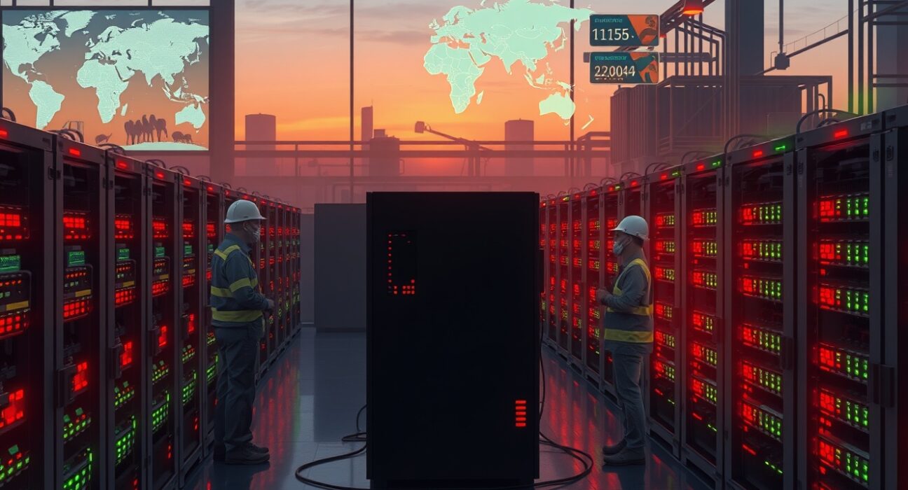 Bitcoin mining facility impacted by energy crisis during Iran conflict, showing industrial cryptocurrency operations.