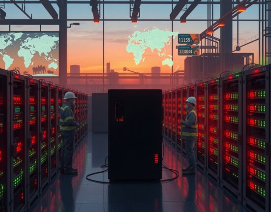 Bitcoin mining facility impacted by energy crisis during Iran conflict, showing industrial cryptocurrency operations.