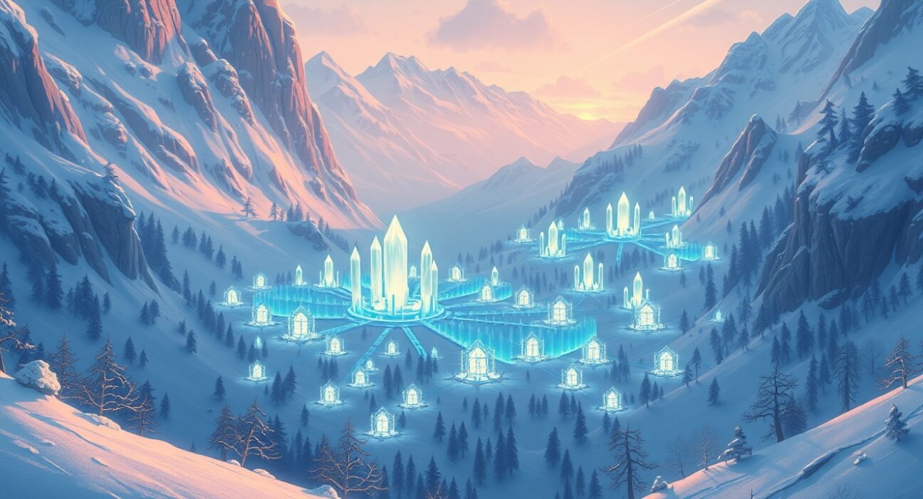 Bitcoin hashrate recovery visualized as a resilient network powering through winter storm disruptions.