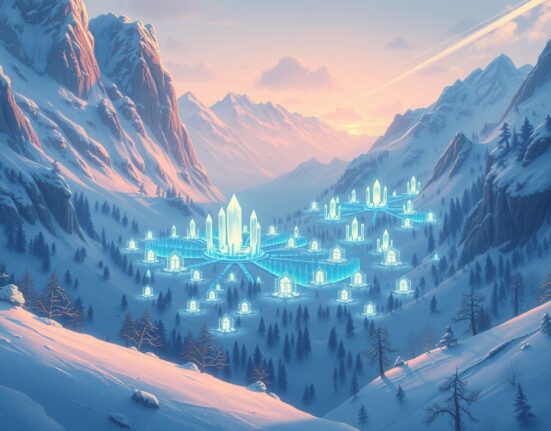 Bitcoin hashrate recovery visualized as a resilient network powering through winter storm disruptions.