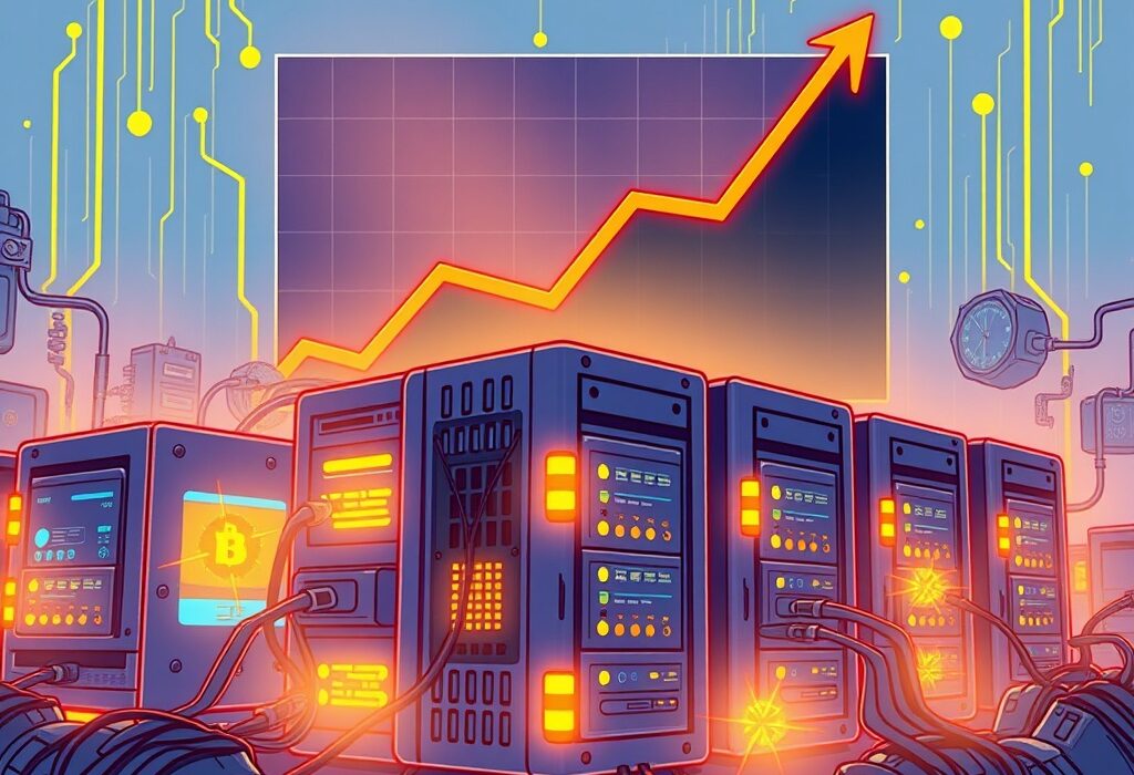 A vibrant cartoon illustrating the astounding surge in Bitcoin hashrate, with mining rigs connected and digital energy flowing, symbolizing robust network growth and security.