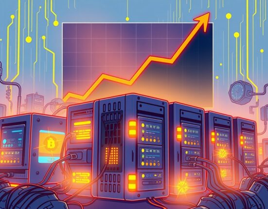 A vibrant cartoon illustrating the astounding surge in Bitcoin hashrate, with mining rigs connected and digital energy flowing, symbolizing robust network growth and security.
