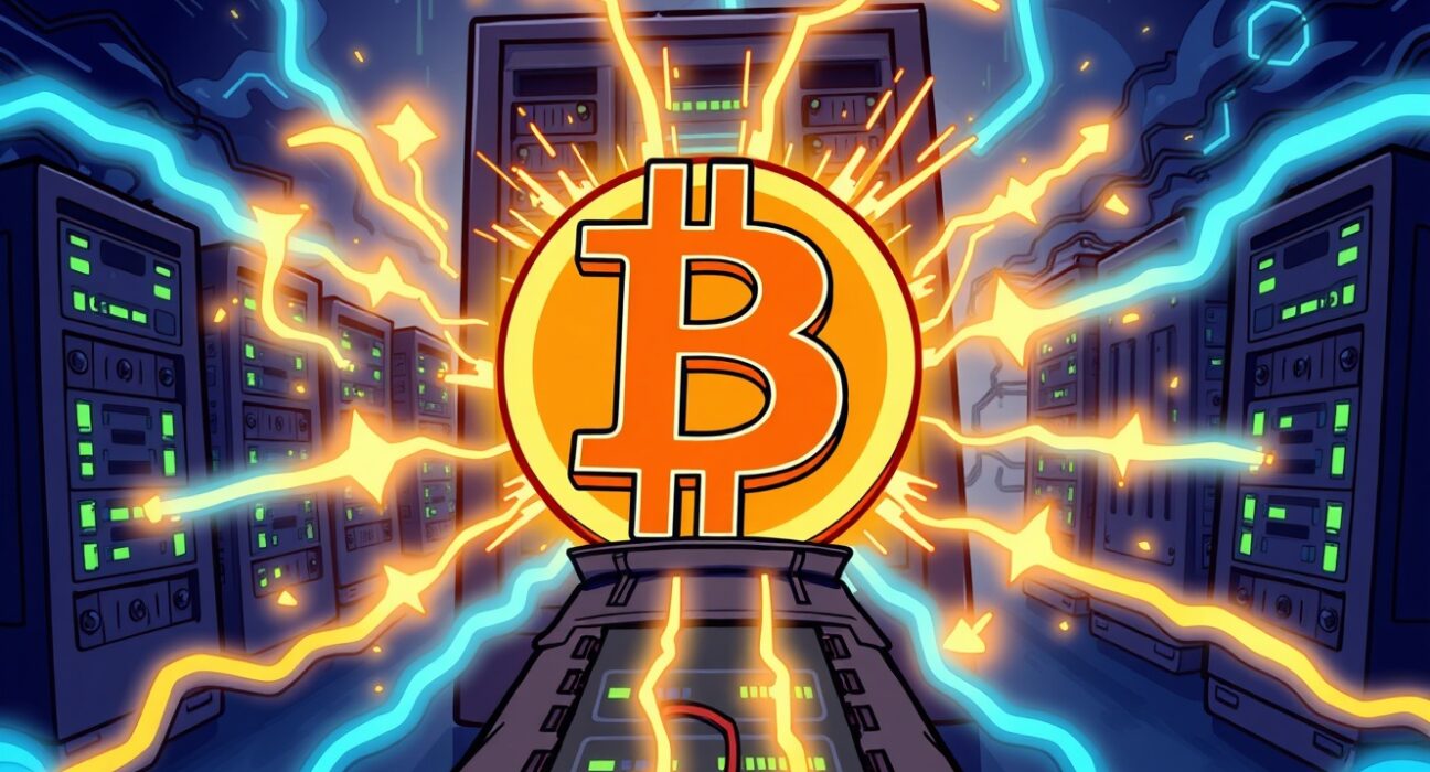 A vibrant cartoon illustration showing the incredible strength of Bitcoin's hashrate, with mining rigs powering the network.