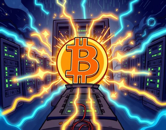A vibrant cartoon illustration showing the incredible strength of Bitcoin's hashrate, with mining rigs powering the network.