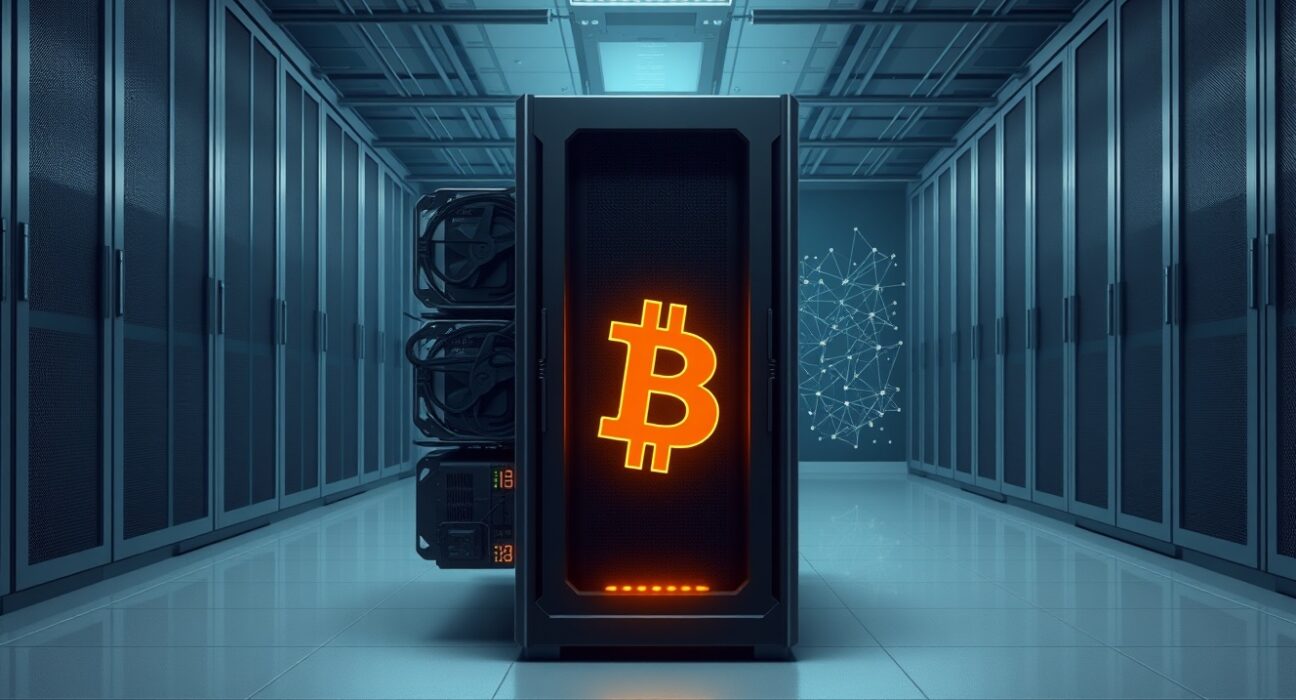 Professional Bitcoin mining hardware representing the tokenized hashrate bonds issued by Omnes and Apex Group.