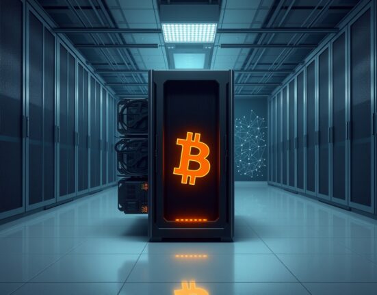 Professional Bitcoin mining hardware representing the tokenized hashrate bonds issued by Omnes and Apex Group.