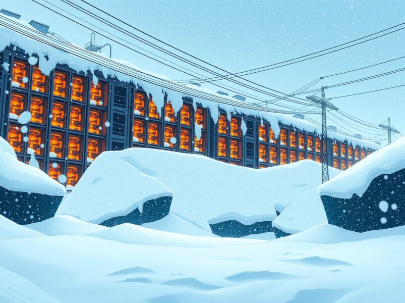 Bitcoin hashrate decline during US winter storm affecting mining facility operations