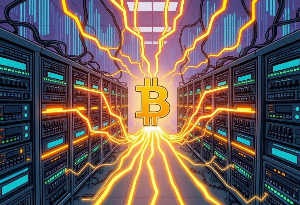 A cartoon illustration showing the monumental surge in Bitcoin hashrate, symbolizing immense network strength and security.