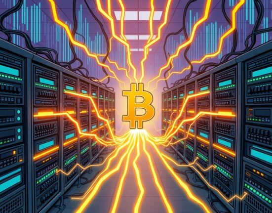 A cartoon illustration showing the monumental surge in Bitcoin hashrate, symbolizing immense network strength and security.