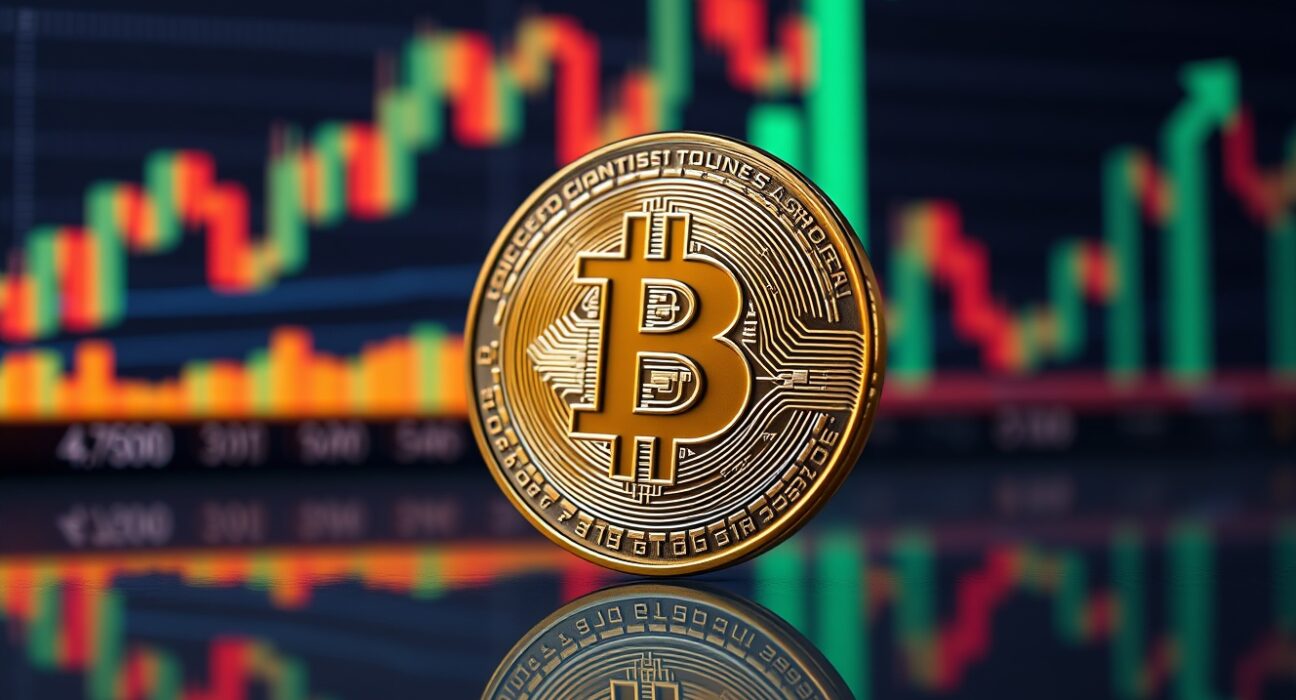 Bitcoin coin on glass surface with blurred chart background, representing on-chain market analysis.