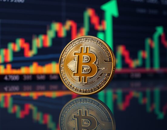 Bitcoin coin on glass surface with blurred chart background, representing on-chain market analysis.