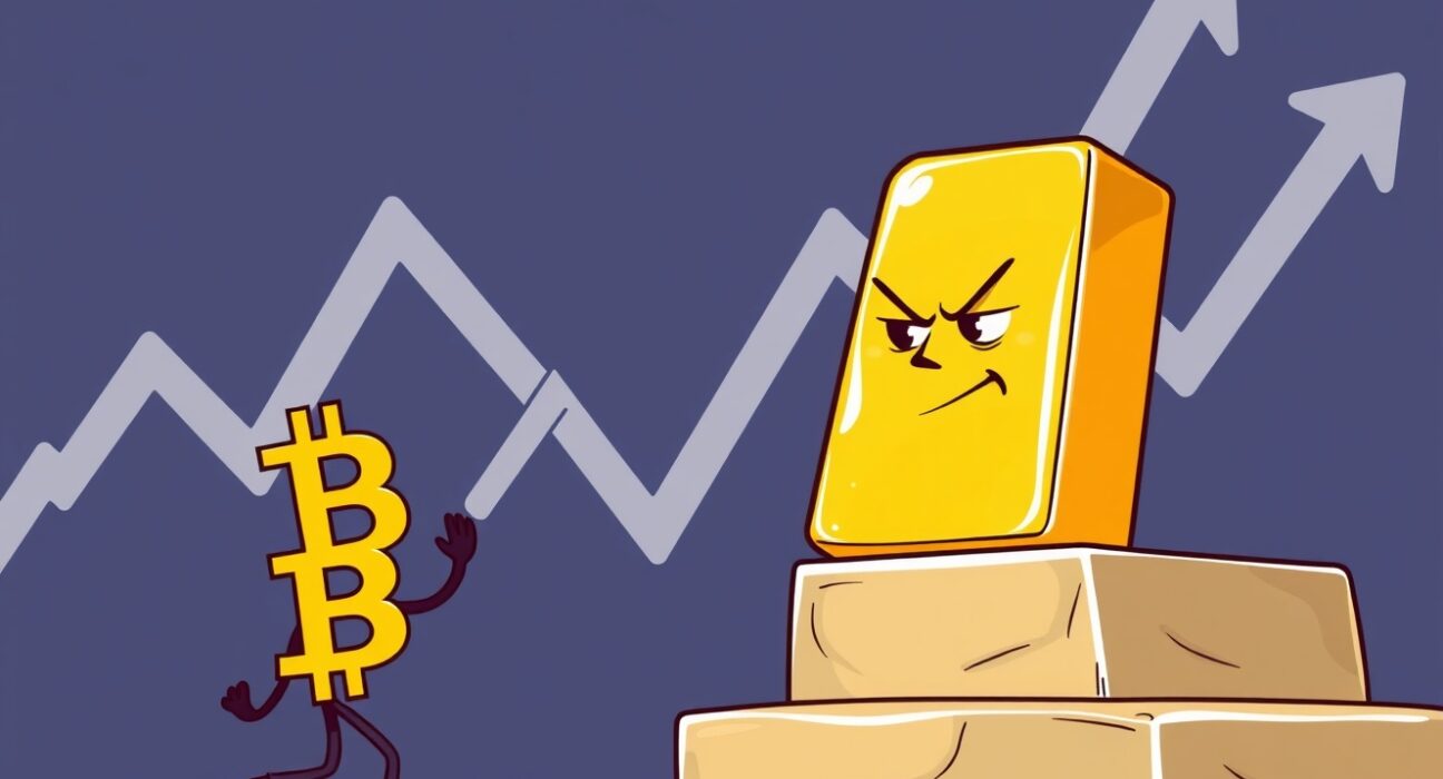A cartoon showing Bitcoin struggling to compete with gold as the top hedge asset in a vibrant financial scene.