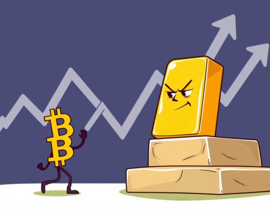 A cartoon showing Bitcoin struggling to compete with gold as the top hedge asset in a vibrant financial scene.