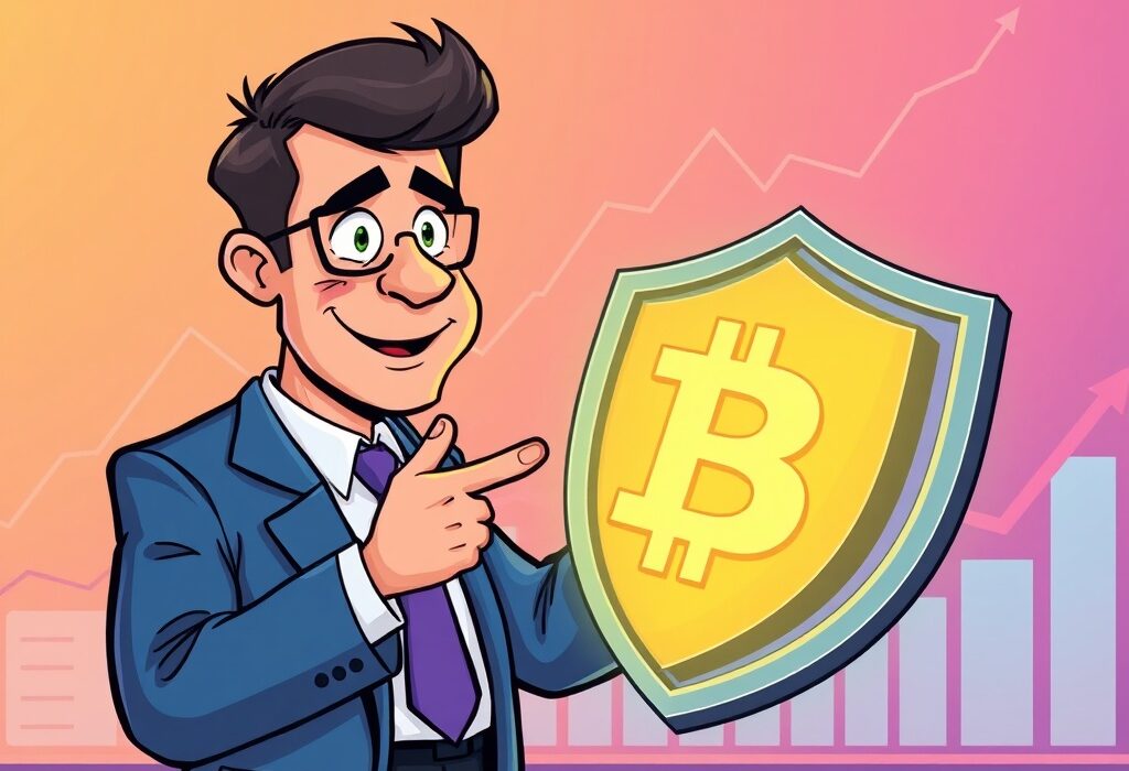 A cartoon illustration showing Bitcoin as a strong financial shield, representing its potential as a Bitcoin hedge against national economic challenges.