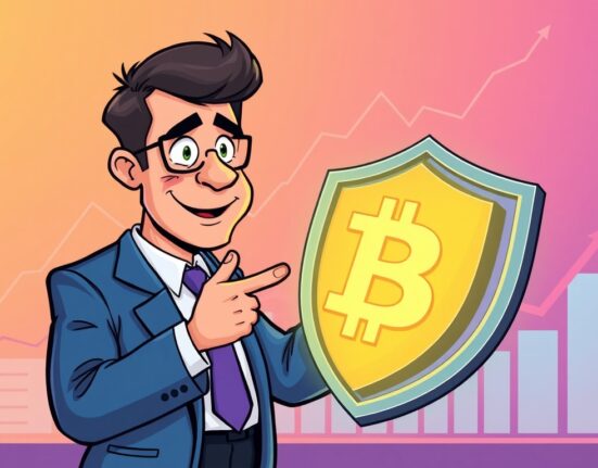 A cartoon illustration showing Bitcoin as a strong financial shield, representing its potential as a Bitcoin hedge against national economic challenges.