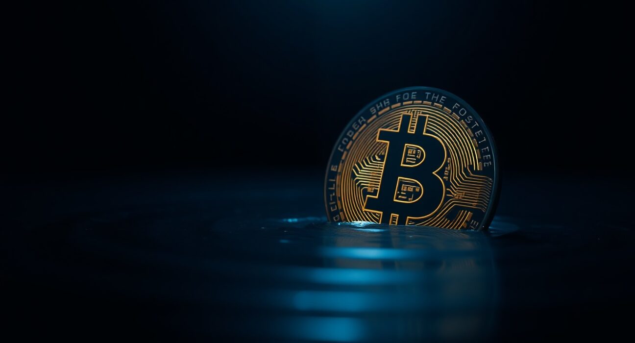 Bitcoin coin partially submerged in dark water, symbolizing unrealized losses in the crypto market.