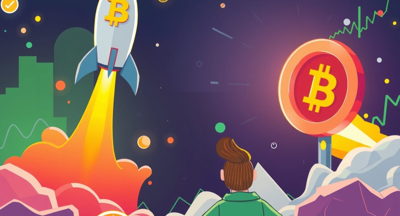 A cartoon illustration depicting a Bitcoin rocket aiming for a new all-time Bitcoin high, symbolizing market optimism and potential growth.