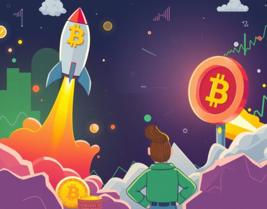 A cartoon illustration depicting a Bitcoin rocket aiming for a new all-time Bitcoin high, symbolizing market optimism and potential growth.