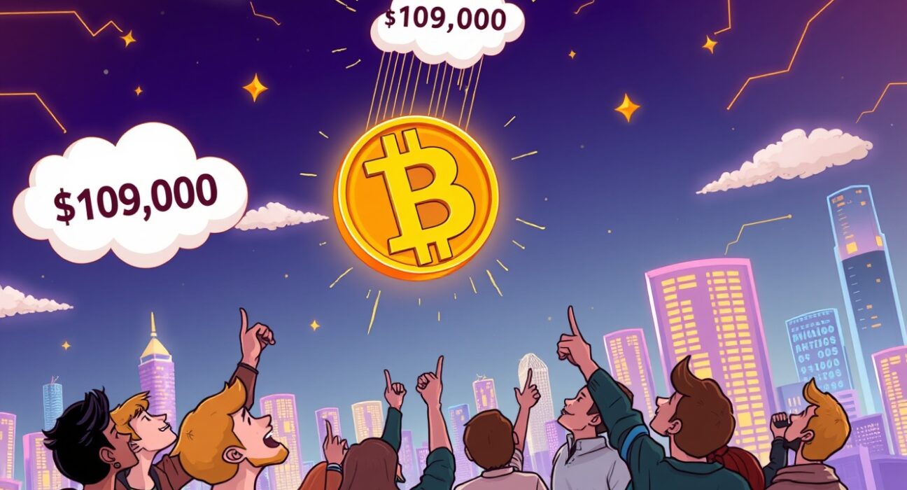 A cartoon illustration depicting the Bitcoin price surge above $109,000, showing market optimism and growth.