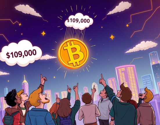 A cartoon illustration depicting the Bitcoin price surge above $109,000, showing market optimism and growth.