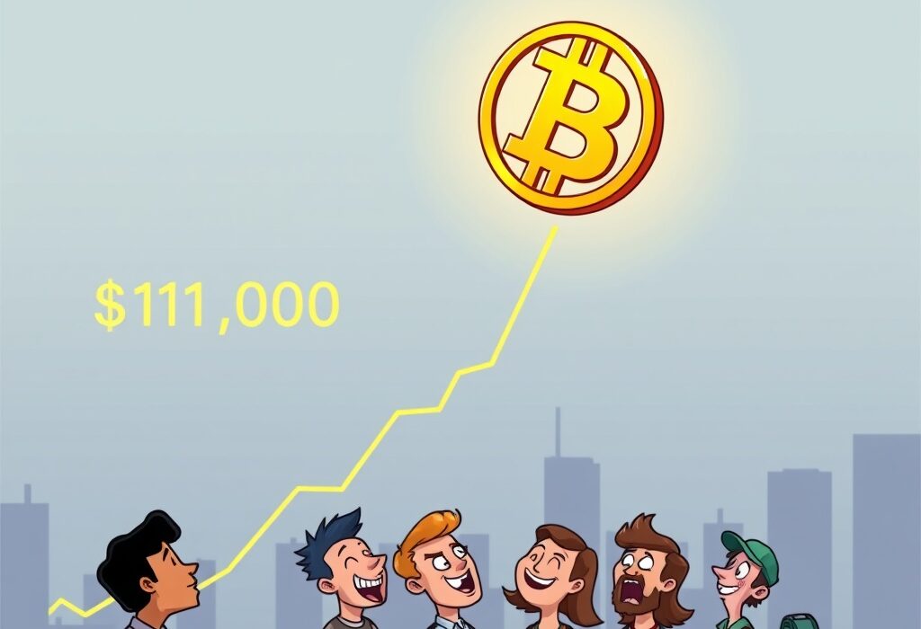 Cartoon illustration showing Bitcoin hits $111,000, symbolizing a significant price surge and market excitement.