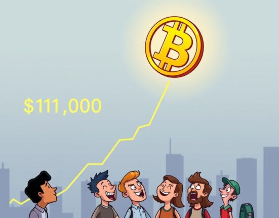 Cartoon illustration showing Bitcoin hits $111,000, symbolizing a significant price surge and market excitement.