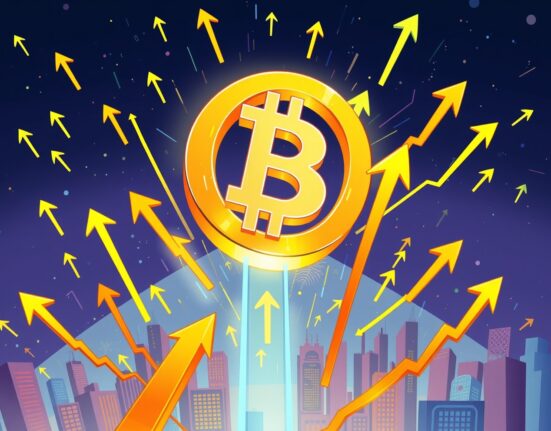 A cartoon illustration showing Bitcoin hitting $115,000, symbolizing its impressive market surge and upward trajectory.