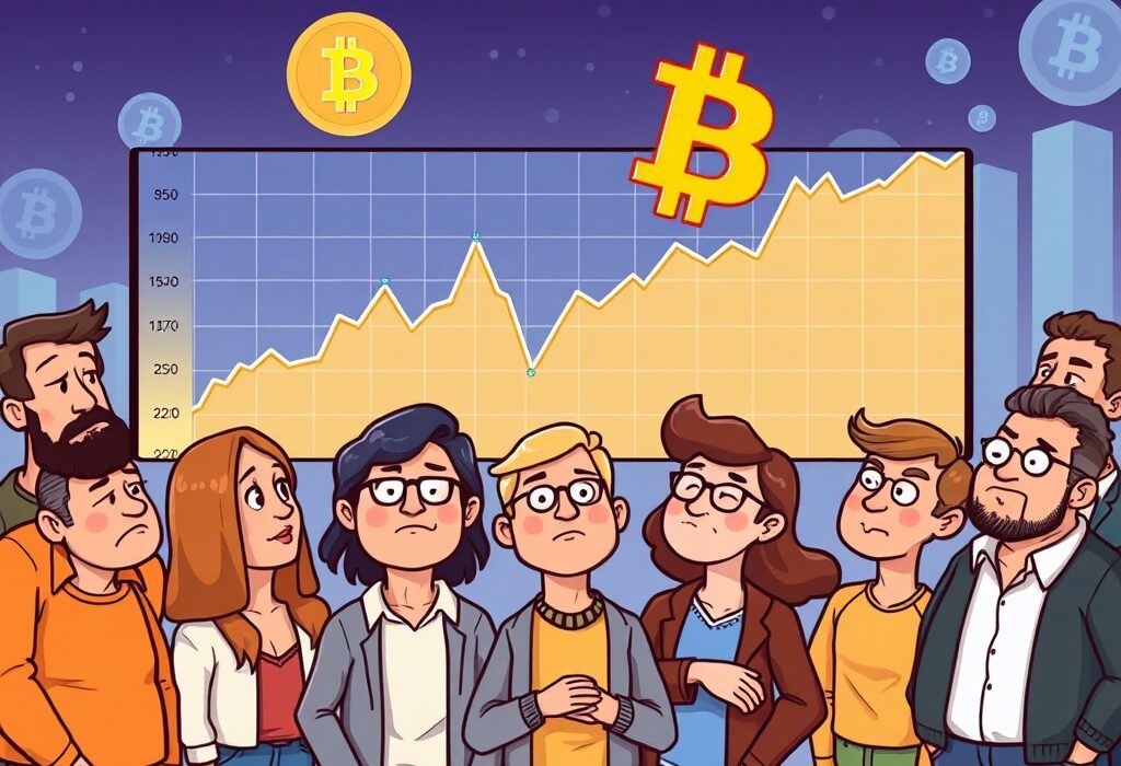 A cartoon illustration showing Bitcoin short-term holders calmly observing a stable BTC price chart, indicating market balance.