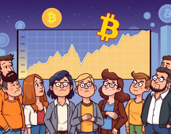 A cartoon illustration showing Bitcoin short-term holders calmly observing a stable BTC price chart, indicating market balance.