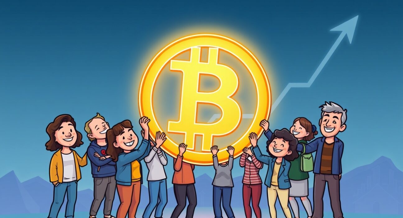 Cartoon showing diverse small Bitcoin holders collectively controlling a large portion of BTC supply, highlighting their market influence.