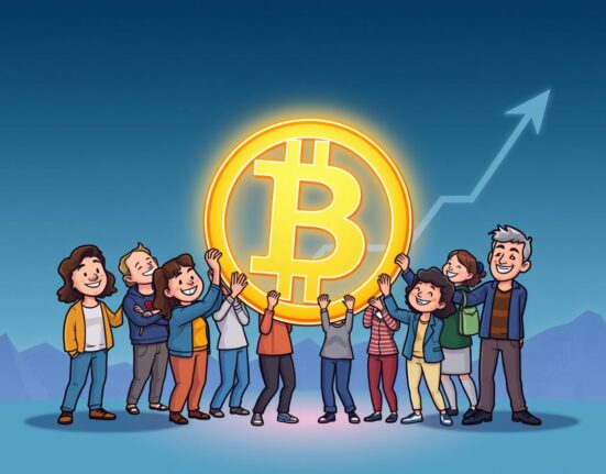 Cartoon showing diverse small Bitcoin holders collectively controlling a large portion of BTC supply, highlighting their market influence.