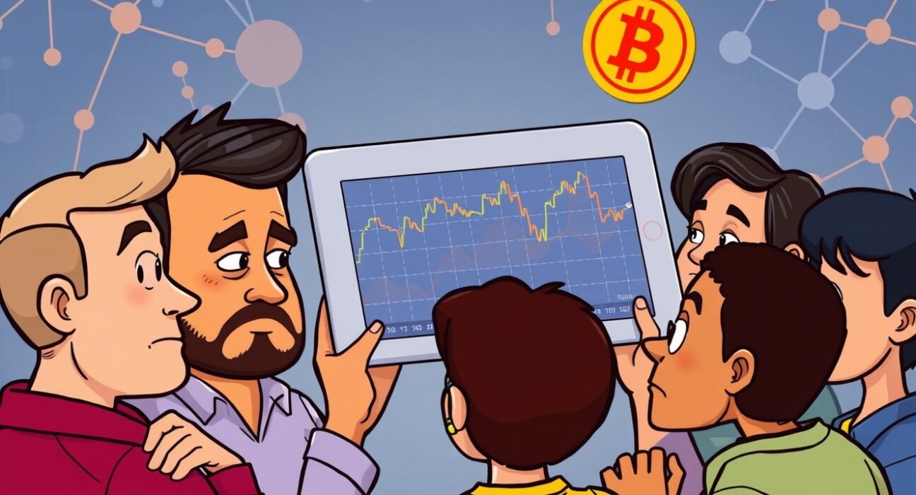 Concerned Bitcoin holders analyzing a fluctuating cryptocurrency market chart showing losses