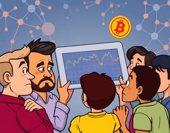 Concerned Bitcoin holders analyzing a fluctuating cryptocurrency market chart showing losses
