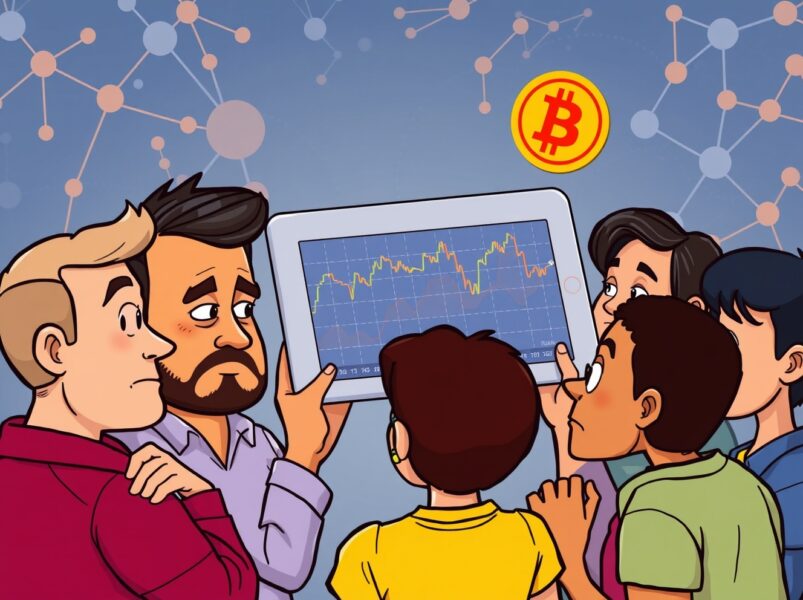 Concerned Bitcoin holders analyzing a fluctuating cryptocurrency market chart showing losses