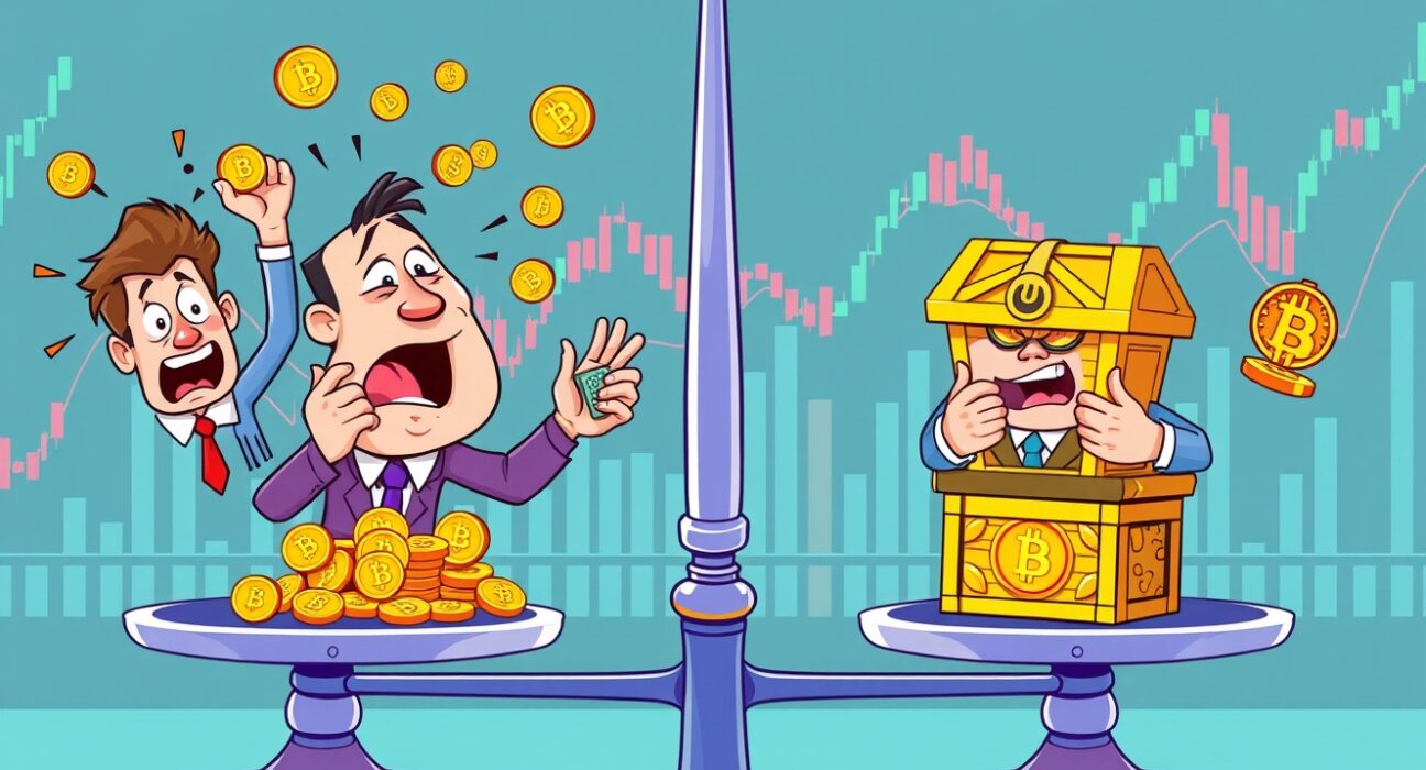 Bitcoin holders divided between anxious sellers and confident long-term investors in vibrant market scene