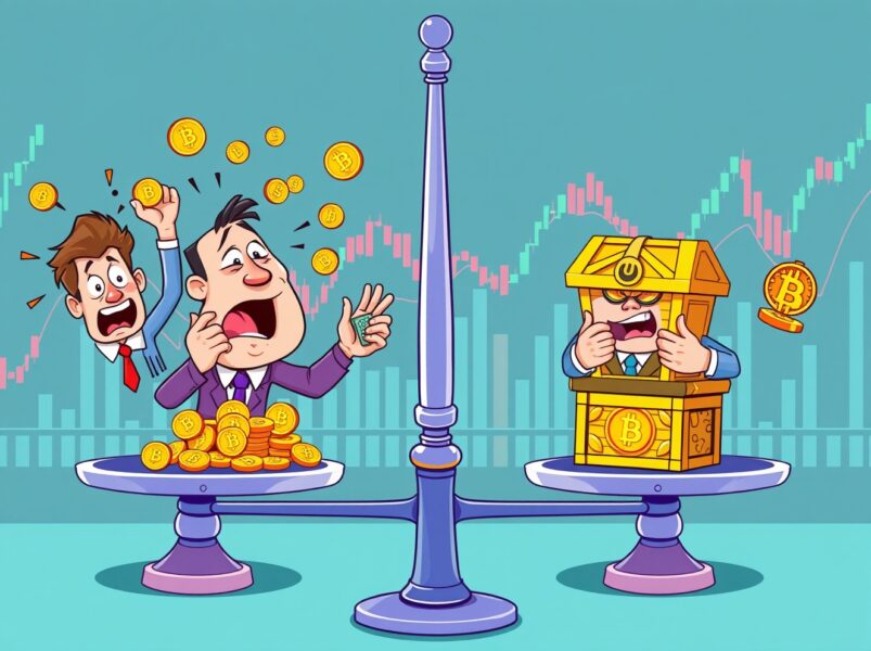 Bitcoin holders divided between anxious sellers and confident long-term investors in vibrant market scene