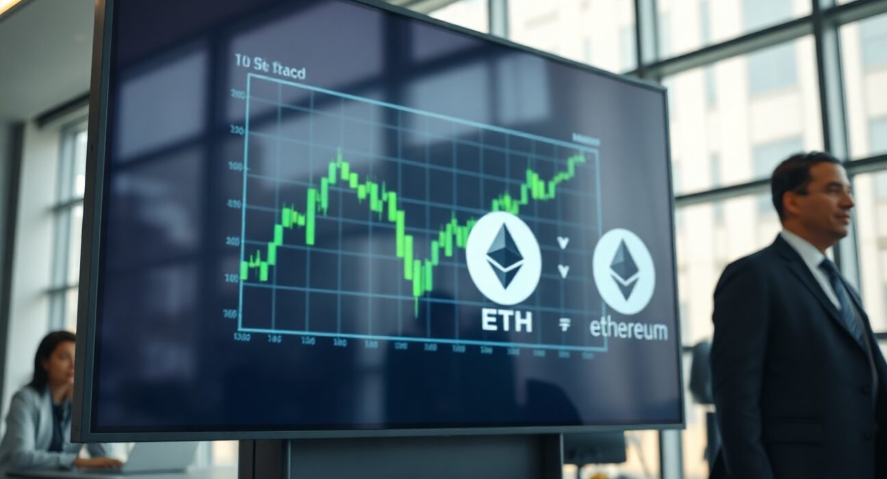 Stock exchange board showing Bitcoin and Ethereum charts with green market data.